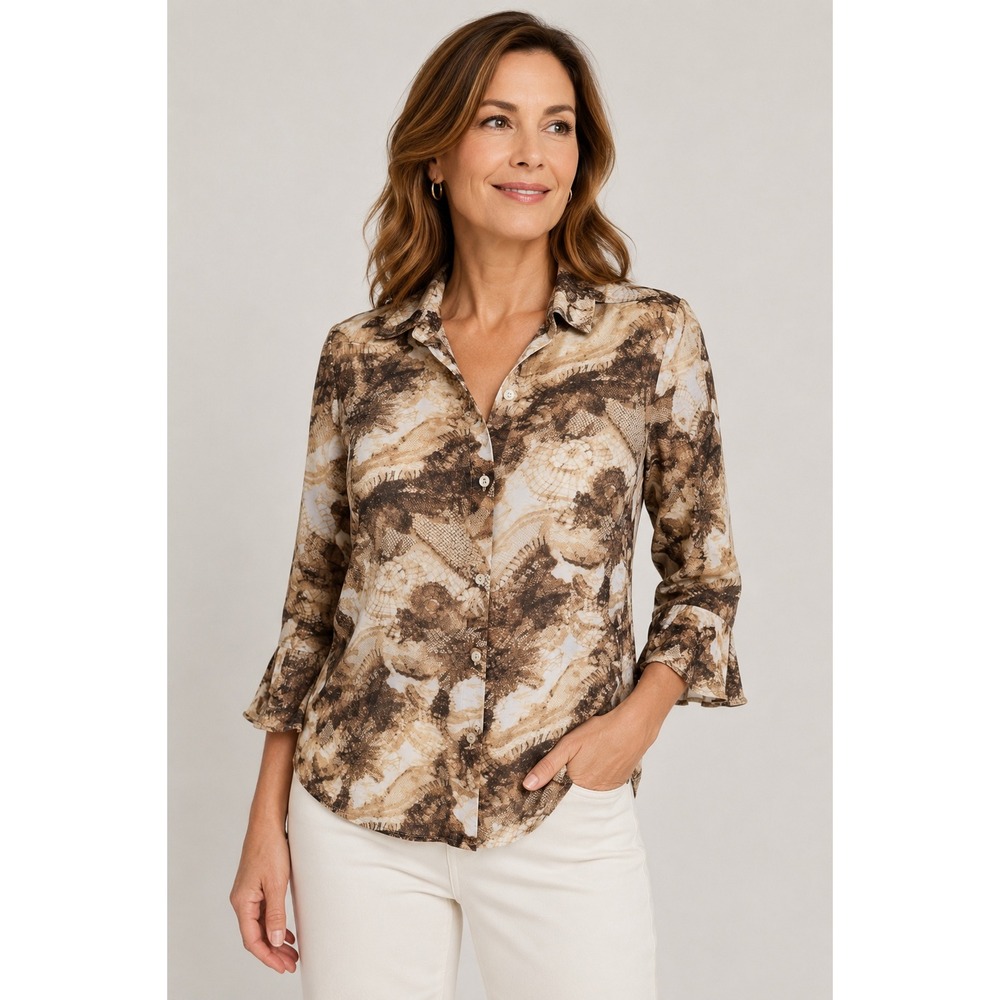 Essentials Brown Lace Print Blouse Size L 3/4 Ruffle Sleeves Romantic Chic Retro